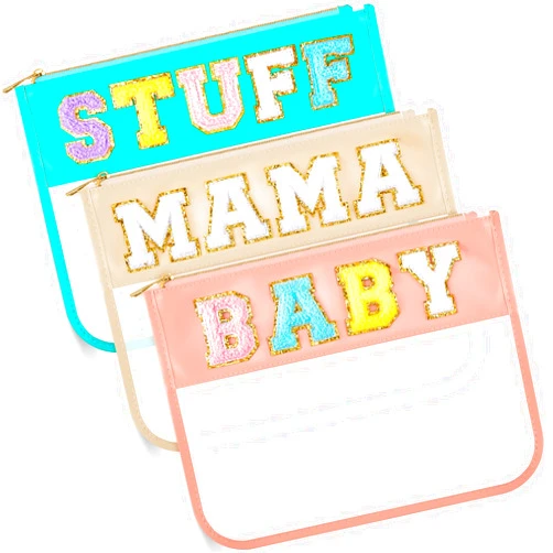 Patelai 3 Pcs Chenille Letter Zipper Pouch for Travel Clear Snack Bags Waterproof Cosmetic Pouch Nylon Gym Beach Bag Multipurpose Makeup Bag for Women Girl(Mama, Stuff, Baby,Novel Color)