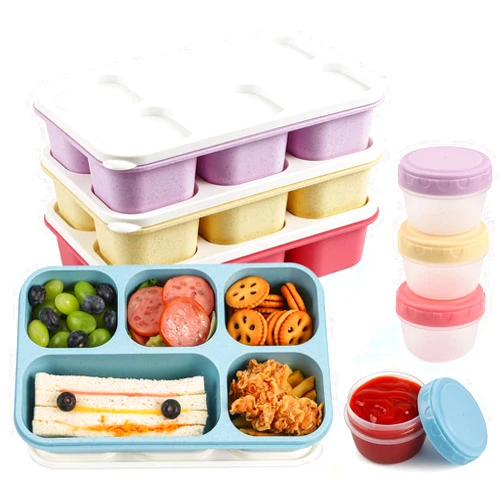 Caperci Large Bento Lunch Boxes for Adults & Kids - 5 Compartment Lunchable Snack Box Containers, Built-in 4 Leak-Proof Dipping Sauce Cups, Reusable Food Storage Containers, 4-Pack (Vintage Colors)