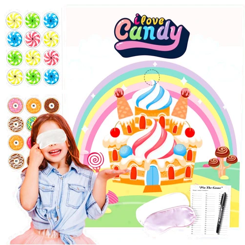 TYHJOY Candyland Party Games Decorations Pin The Donut Lollipop on The Candyhouse Sticker Game for Ice Cream Donut Lollipop Sweet Candy Theme Party Favors Supplies