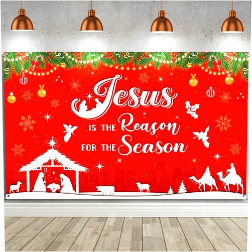 Tiamon Christmas Religious Backdrop Jesus is The Reason for The Season Xmas Photography Background Nativity Banner for Christmas Party Eve Fireplace Decoration(6 x 3.6 ft)
