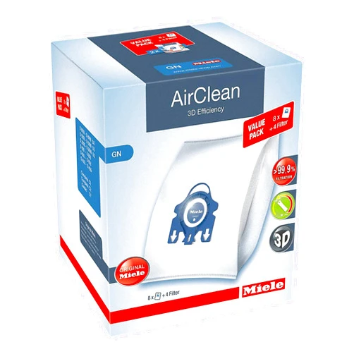 Miele AirClean 3D Efficiency Dust Bag, Type GN, XL Value Pack, 8 Bags and 4 Filters