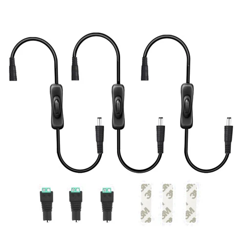 GXILEE Led Switch Connector, Male to Female Inline DC Switch, Includes 3 x 12V Inline Switch, 3 x Female DC Power Jack(5.5mm x 2.1mm Connector), 3 x Adhesive Tape