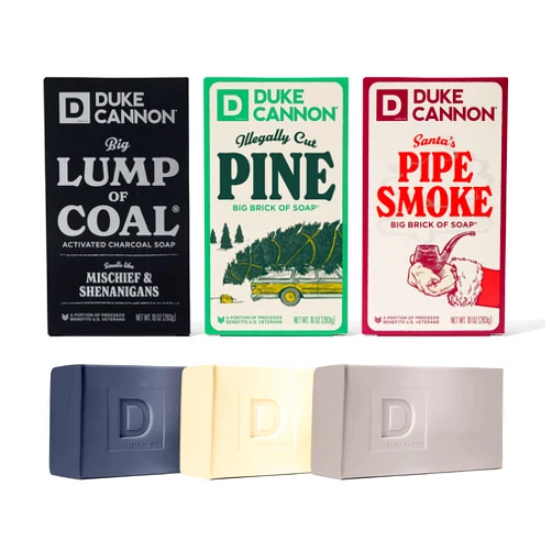 Duke Cannon Supply Co. Big Brick of Soap Bar For Men - Lump of Coal, Illegally Cut Pine & Peppermint Bark, Holiday Variety 3 Pack, 10 oz. Bar Soaps