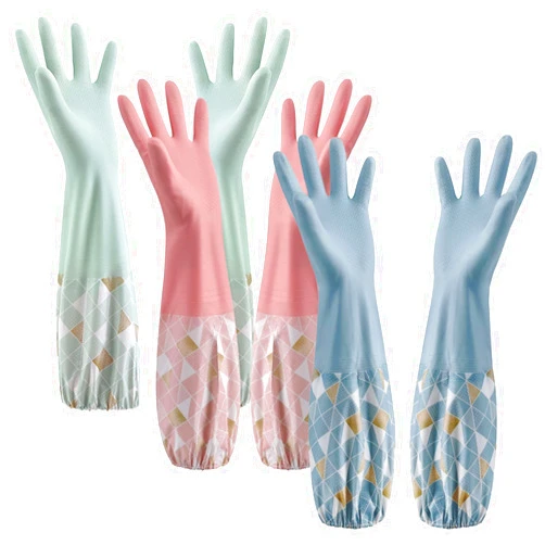 WATUNID 3PCS Dishwashing Cleaning Gloves with Cotton Flocked Liner, Reusable Latex Free Waterproof Long Cuff Kitchen Glove for Laundry, Cleaning, Working, Gardening(Pink+Green+Blue)