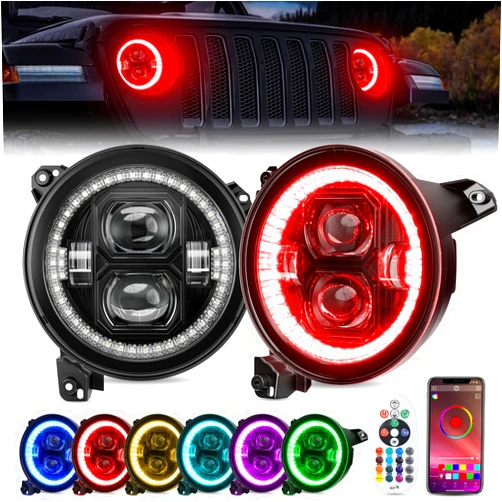 CAFOPAR 9 inch LED Headlights RGB Halo Ring Angel Eyes Remote Phone APP Control 9” Round DRL Fit for 2018-2023 Jeep Wrangler JL Gladiator JT