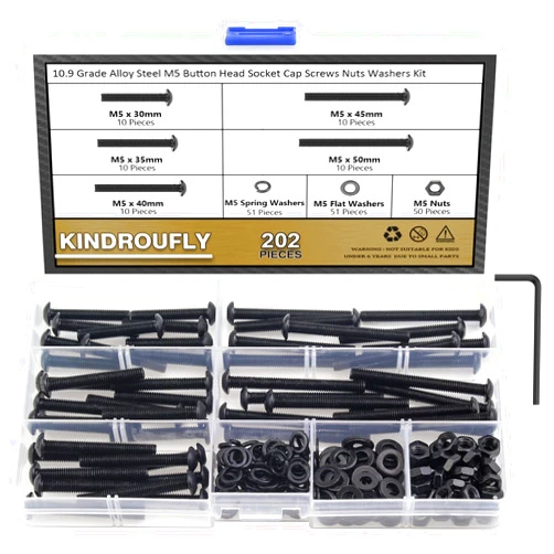 Kindroufly 202 Pieces Black M5 x 30/35 /40/45 /50 mm Button Head Socket Cap Screws Nuts Washers Assortment Kit, 10.9 Grade Alloy Steel