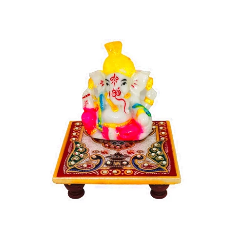 FIDOZA Ganesh Statue with Chauki Sculpture Idol Figurine Hand Painted Decorative Showpiece for Home Office Pooja Ghar Temple Décor and Gifting (Kanha Krishna Laddu Gopal) (Ganesha 4)
