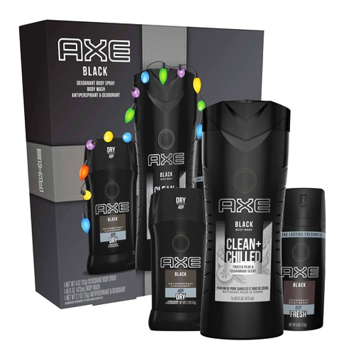 AXE Black Holiday Gift Set With Body Spray, Antiperspirant & Deodorant Stick and Body Wash for Grooming 3 count