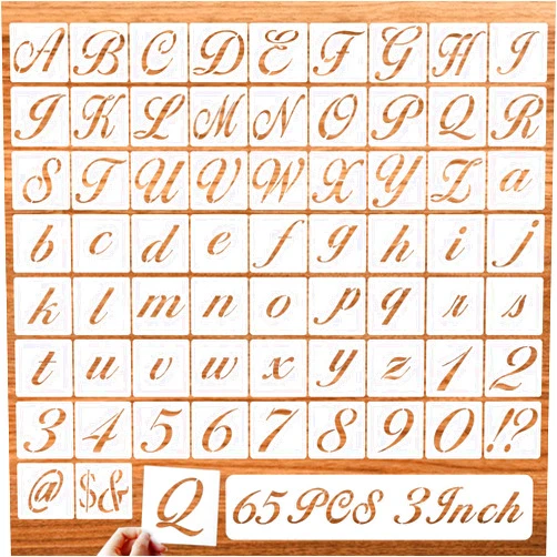 DZXCYZ 3 Inch Letter Symbol Stencils for Painting on Wood, 65 Pcs Alphabet Drawing Templates with Calligraphy Large Font and Cursive Letters Numbers Signs, Reusable Plastic Art Craft Stencils