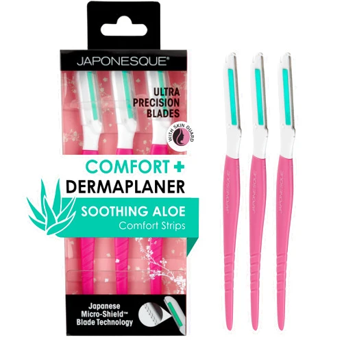 JAPONESQUE Dermaplaner with Soothing Aloe Comfort Strip - Skin Tool with Ultra Precision Blade for Facial Hair Removal and Exfoliation, 3pk.