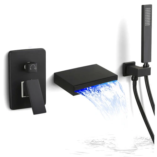 SKOWLL LED Waterfall Wall Mount Bathtub Faucet with Handheld Sprayer, Roman Style Tub Filler Set, Matte Black