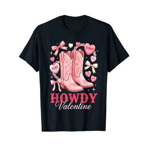 Happy Valentine’s Day Cute Love Bubblegum Meme Howdy Valentine Cowgirl Highland Cow Pink Boots Hearts T-Shirt