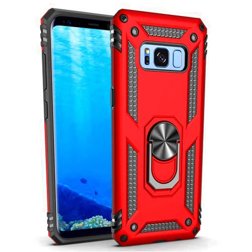 Dishibei Military Grade Drop Impact Case for Samsung Galaxy S8 Plus (Galaxy S8+) - Full Body, Red, Silicone, Plastic, 360 Metal Rotating Ring Kickstand, Magnetic Car Mount, Dustproof, Shockproof