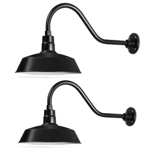 HTM LIGHTING SOLUTIONS 14in. Satin Black Outdoor Gooseneck Barn Light Fixture With 22in. Long Extension Arm - Wall Sconce Farmhouse, Antique Style - UL Listed - 9W 900lm A19 LED Bulb (5000K Cool White) - 2-Pack