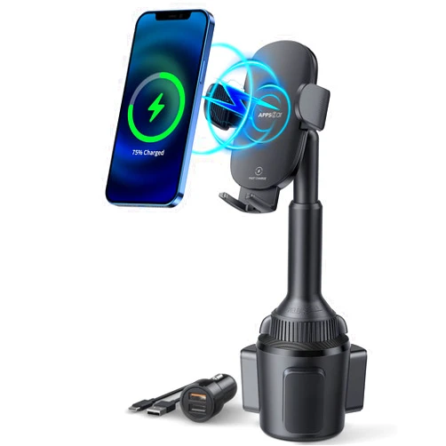 APPS2Car Car Cup Phone Holder Wireless Charger with QC 3.0 Adapter, 15 Watt Qi Fast Charging, Compatible with iPhone 12/13/14/15/16/pro/Max/Plus and Universal All Models Phone Holder