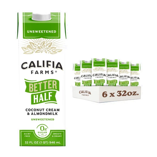 Califia Farms - Unsweetened Better Half, Half and Half Substitute, 32 Oz (Pack of 6), Almond Milk, Coconut Cream, Coffee Creamer, Keto, Shelf Stable, Dairy Free, Plant Based, Vegan