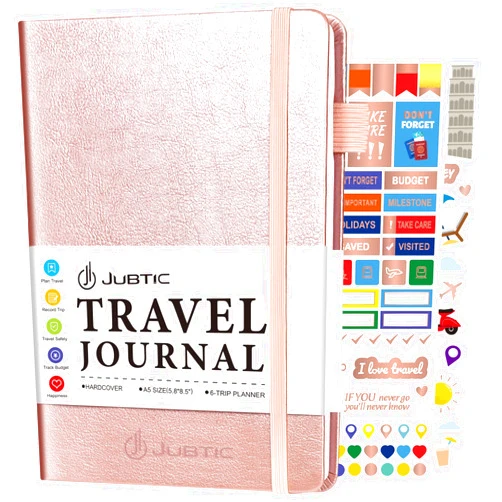 JUBTIC Travel Journal for Women & Men, Vacation Planner with Pockets for Keepsakes, Travel Notebook for 6 Trips, Trip Planner Travel Gifts (Rose Gold)