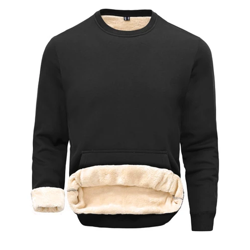 Tansozer Mens Sherpa Lined Crewneck Sweatshirt Warm Fleece Long Sleeve Winter Thermal Pullover with Kangaroo Pocket