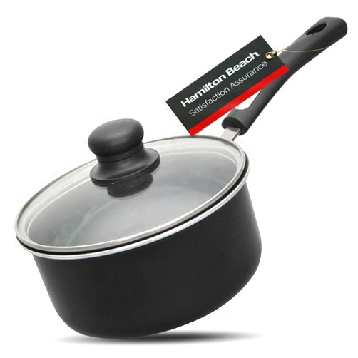 Hamilton Beach Nonstick Covered Sauce Pan 3-Qt - Black Aluminum Saucepan with Soft Touch Bakelite Handle & Glass Lid - Flared Edge - Spiral Bottom, Multipurpose Use - Durable & Dishwasher Safe