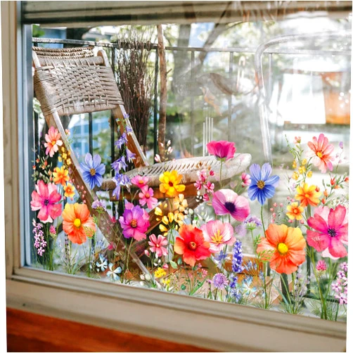 LOONELO Flower Garden Window Stickers, Wildflower Grass Door Decals, Lily Peony Poppy Floral Window Clings for Bedroom Living Room TV Office Decor Home Decoration