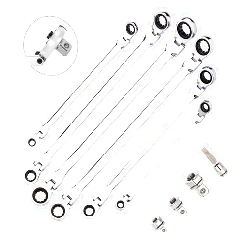 BULLTOOLS 6-Piece Flex-Head Extra Long Ratcheting Wrenches Double Box End Chrome Vanadium Steel 72-Tooth Wrench Set with Metric 8mm - 19mm