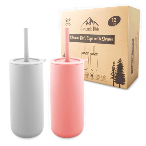 Cascade Kids Silicone Kids Smoothie Cups with Straws and Lids, (2 Pack), Non Plastic, BPA-Free, Unbreakable, Smell Proof, for Kids and Toddlers 3-5 years, 12oz Rose Pink, Stone Grey