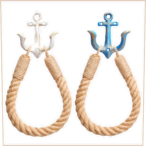 Ljxoaieu 2 Pcs Nautical Rope Toilet Paper Holder Wall-Mounted Towel Ring Nautical Toilet Paper Holder with Metal Hooks Coastal Towel Rack Natural Antique Rope(Blue+White)