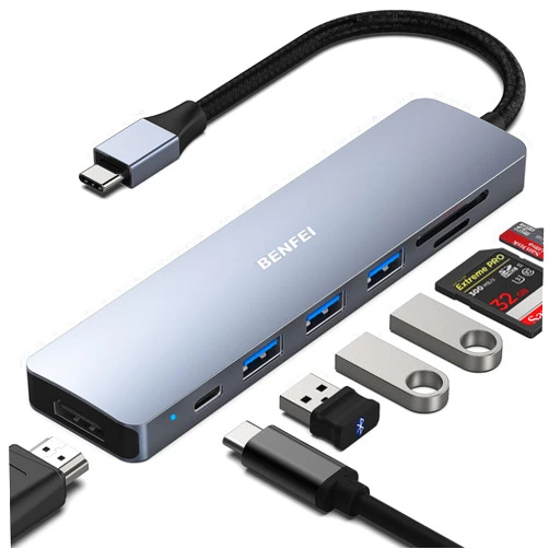 BENFEI USB C HUB 7-in-1 with HDMI(4K@60Hz,Certified), 100W Power Delivery, 3*USB 3.0, SD/TF Card Reader(160MB/s) Compatible with iPhone 15 Pro/Max, MacBook, iPad Pro, iMac, S23, XPS17