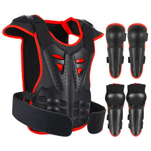 JUSTDOLIFE Youth Dirt Bike Gear, JUSTDOLIFE 5 PCS Motorcycle Armbor Protection Jacket, Kids Motorcycle Armor with Knee Pads Elbow Pads Chest Protector Racing,for Outdoor Sports - 4/6/8/10/12 Years (Black-Red)