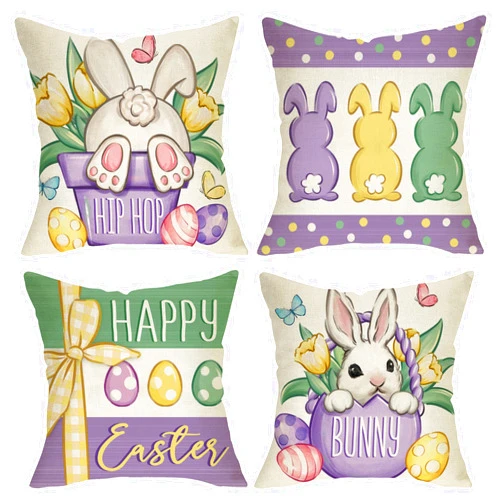 Fjfz Happy Easter Bunny Decorative Throw Pillow Covers 18 x 18 Set of 4, Rabbit Tulip Flower Hip Hop Pot Porch Outdoor Home Decor, Spring Easter Eggs Polka Dots Couch Cushion Case
