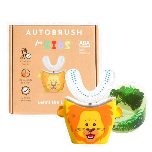 autobrush Kids U Shaped Electric Toothbrush, ADA Accepted, Sonic Pro with Unique 360° Nylon Bristles 3 Cleaning Modes,Whitening LED-Lights,Plays Music (Double-Sided),Ages 6-8, Lion