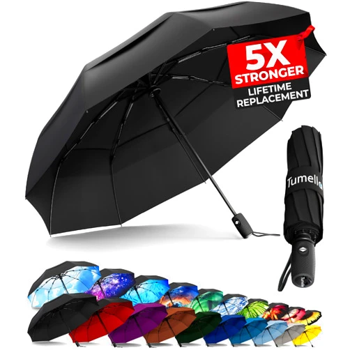 TUMELLA Strongest Windproof Travel Umbrella (Compact, Superior & Beautiful), Small Strong but Light Portable and Automatic Folding Rain Umbrella, Durable Premium Grip, Fits Car & Backpack