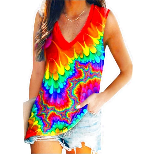 MOUSYA Tie Dye Shirt Women Tank Top 80s Psychedelic Neon Theme Outfit Colorful Sleeveless Shirt Summer Blouse Soft Tee