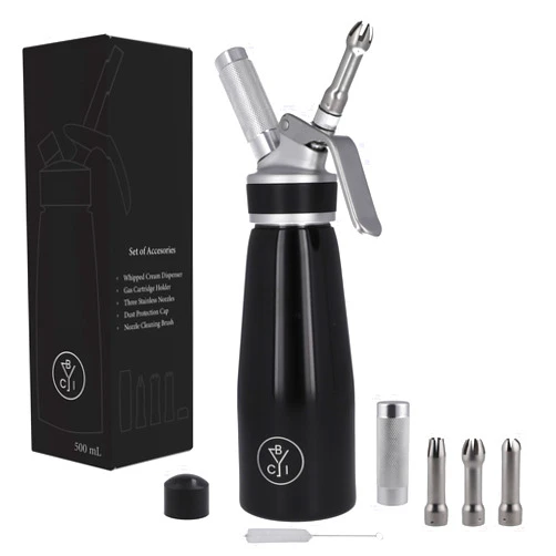 Generic Whipped Cream Dispenser, 500mL Black Aluminum Dispenser, Durable Cream Whipper with Non-Slip Silicone Grip, Stainless Steel Nozzles, Leak-Free Design – Professional Cream Canister & Siphon.