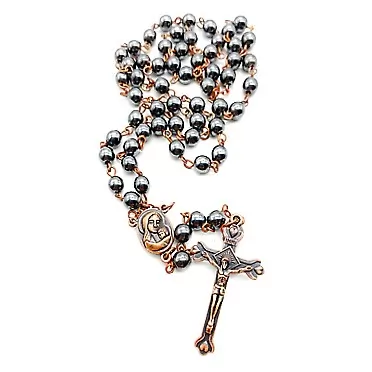 NZRT Nazareth Store Hematite Rosary Black Stone Beads Necklace with Jerusalem Holy Soil & Cross Antique Religious Rosaries Beads Collection