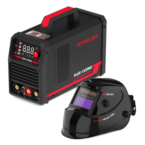 YESWELDER FLUX-135PRO 110V Flux Core Welder Flux MIG/Lift TIG/Stick 3-in-1 MIG Welder & True Color Solar Powered Auto Darkening Welding Helmet, Wide Shade 4/9-13 for TIG MIG ARC Weld Hood Helmet