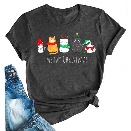 YI XIANG RAN Christmas Shirts for Women Meowy Christmas Tshirt Cat Graphic Tee Short Sleeve Cat Lover Gifts Tops