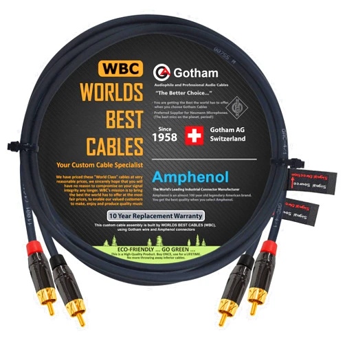 WORLDS BEST CABLES 5 Foot RCA Cable Pair - Gotham GAC-4/1 (Black) Star-Quad Audio Interconnect Cable with Amphenol ACPL Black Chrome Body, Gold Plated RCA Connectors - Directional