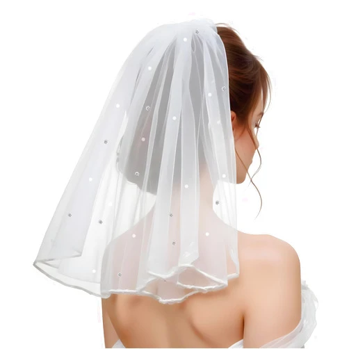Andibro Short Bridal Veil, Women's Short Vails with Rhinestone White Short Wedding Veil with Comb Elegant Tulle Layer Veil for Bride Wedding Bachelorette Party Costume