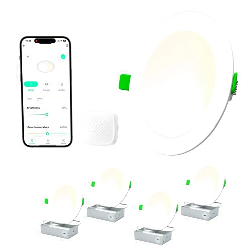 LEPOWER-TEC Recessed LED Can Lights 6 Inch, Smart Wi-Fi Connect White LED Ceiling Light, Adjustable 2700K-6500K Downlight with Junction Box, APP & Voice Control, 1100 Lumens, 4 Pack