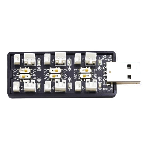 Blomiky 6-in-1 1S Li-ion/Lipo 3.7V-3.8V USB Seat Charger with JST-PH2.0 and JST1.25 Plug Suitable for Emax 1S 450mAh Lipo Battery / 6-in-1 Charger.