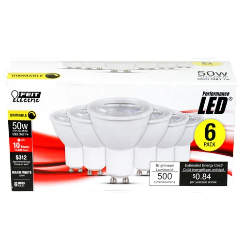 Feit Electric LED MR16 Track Light Bulb, 50W Equivalent, Dimmable, Recessed Lighting Bulb, GU10 Base, CRI 80, 500 Lumens, 3000K Warm White, 11,000-Hour Lifetime, MR16GU10500/10KLED/6, 6 Pack