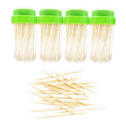 BLUE TOP Bamboo Wood Toothpicks 1000 PCS in 4 Bottles of 250, Round Sturdy Toothpick holder Double-Side Point,Toothpick Dispenser for Teeth,Food Pick Appetizers,Cocktails Fruits,Olive&DIY Craft