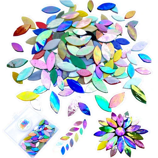 KALUCION 120 Pcs Magic Iridescent Petal Mosaic Tiles, Hand cut Stained Glass Petals, Floral Mosaic Tiles, Tiffany Glass Flower Petals Supplies Kit for Mosaics and Crafts, Assorted Colors and Size