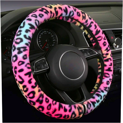 HEHA Fluffy Steering Wheel Cover for Women,Girly,Fuzzy Steering Decor,Plush, Leopard Print,Sweat-Absorb,Universal 15 Inch,Red (Fluffy-Leo)