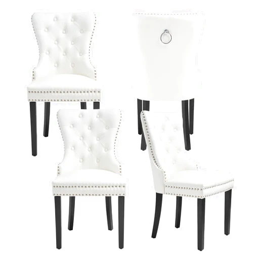adochr PU Leather Dining Chairs Set of 4, Tufted Upholstered Dining Room Chair with Pull Ring and Solid Wood Legs, White