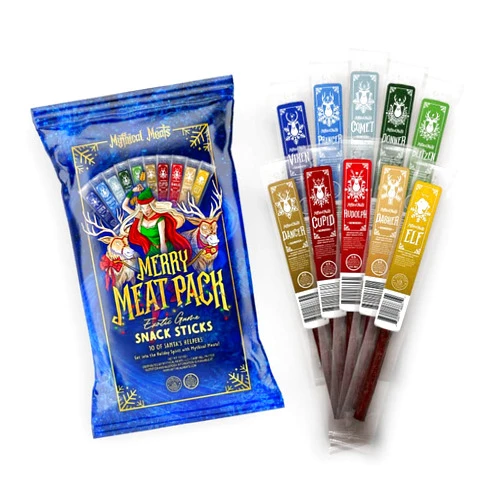 Mythical Meats Merry Meat Pack – 10 Holiday Themed Venison and Beef Snack Sticks – Dried & Dehydrated Meats Flavored to Perfection – High Protein Snacks
