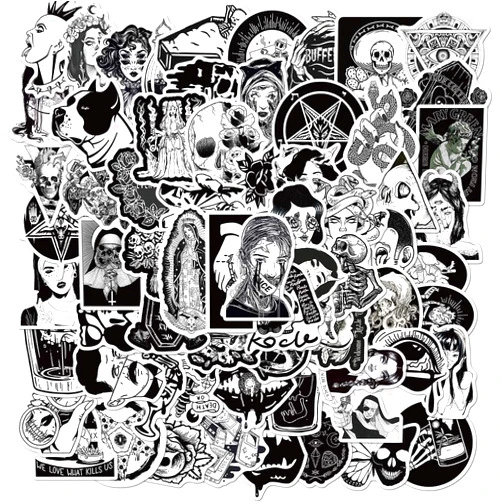 SEREBII 100PCS Gothic Stickers for Water Bottle,Black White Skull Stickers,Waterproof Vinyl Stickers Perfect for Laptop Phone Car Skateboard (100, Gothic)