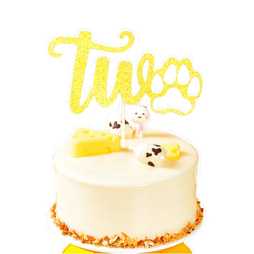 UnslQonds Two Cake Topper, Gold Dog Paw Cake Flag, Dog Birthday Cake Topper Dog Birthday Decorations Dog 2th Birthday Dog Cake Topper Puppy Birthday Cake Dog 2nd Birthday Boy Girl Dog Birthday Decor
