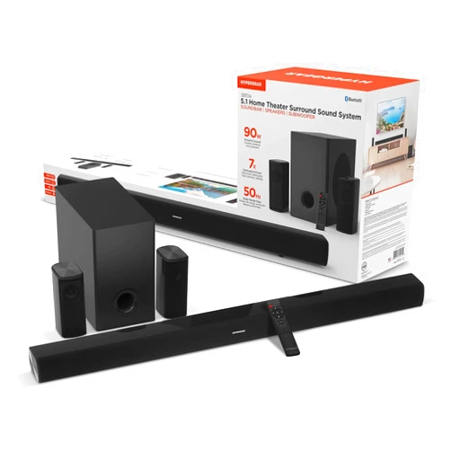 HyperGear SB51a 5.1 Surround Sound System for TV – 90W Home Theater Sound System, Soundbar, Subwoofer & Dual Speakers w/Bass, HDMI ARC & Optical Inputs for 4K/8K UHD TVs, Wall-Mountable Speakers
